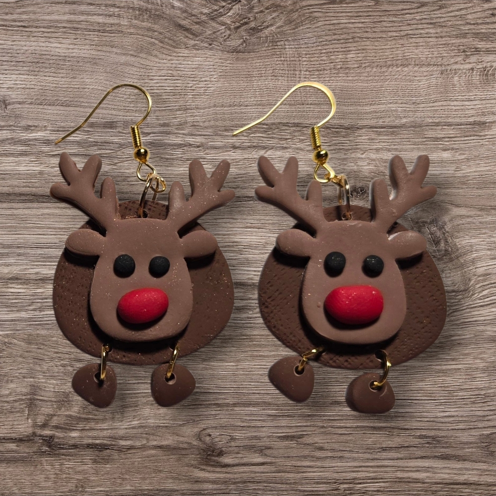 Charming Polymer Clay Reindeer Earrings with Red Accents